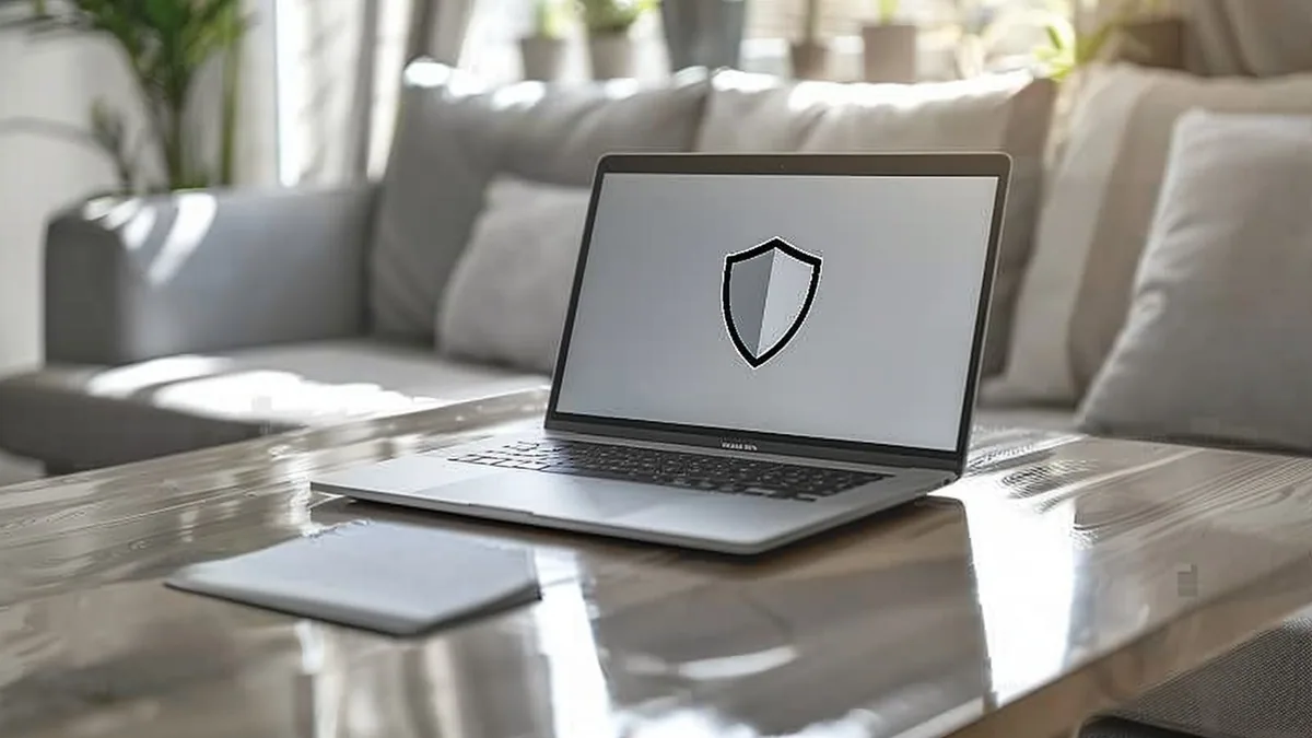 Ordinateur portable affichant un bouclier de sécurité numérique sur un bureau clair
