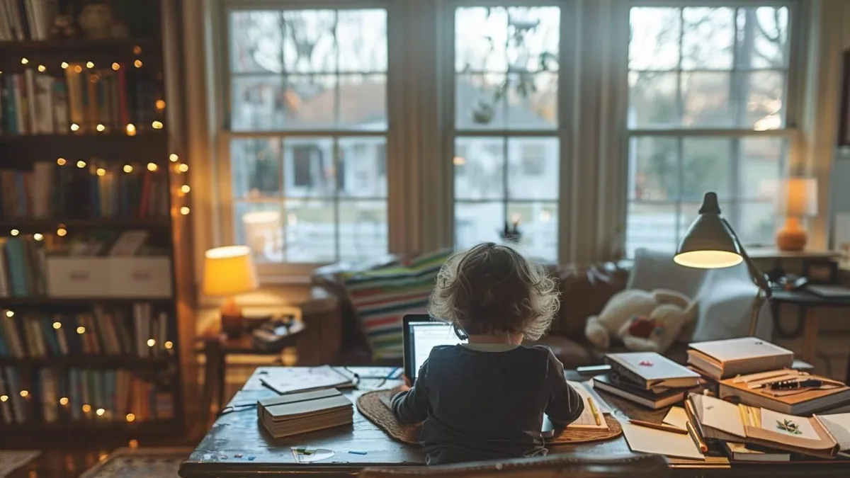 Parent et enfant travaillant à une table avec manuels, cahier et ordinateur portable