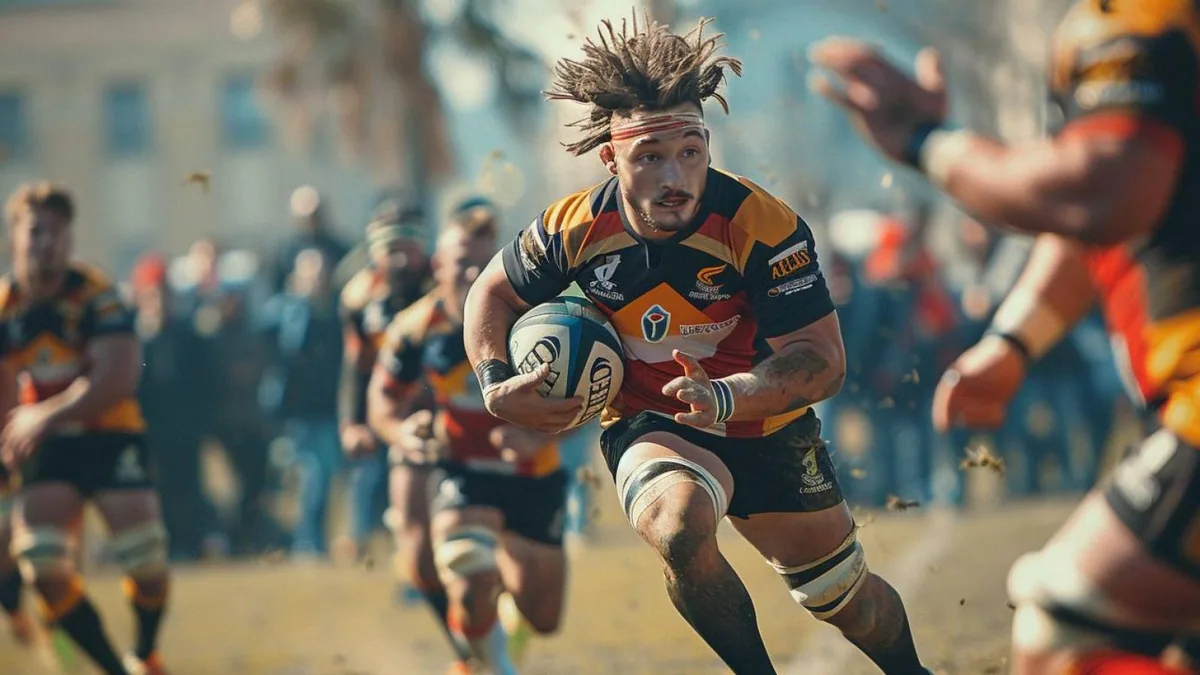 Maillot de rugby bleu et blanc avec numéro visible, tissu technique et coutures renforcées