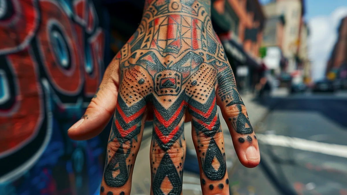 Main d’homme tatouée de motifs graphiques noirs, posée sur une table de studio de tatouage