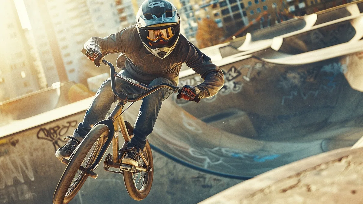 Pilote de BMX en plein saut sur une piste de terre pendant une compétition