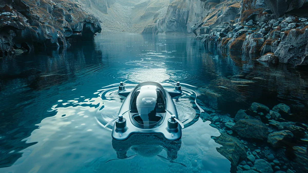ROV sous-marin relié par câble explorant les eaux sombres d’un lac entouré d’un cratère volcanique