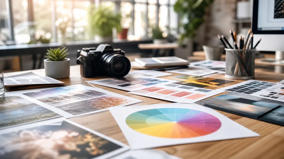 Designer organisant couleurs, typographies et visuels sur une maquette de communication de marque