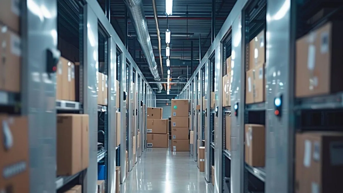 Box de garde-meuble organisé avec cartons étiquetés, meubles protégés et allée d’accès