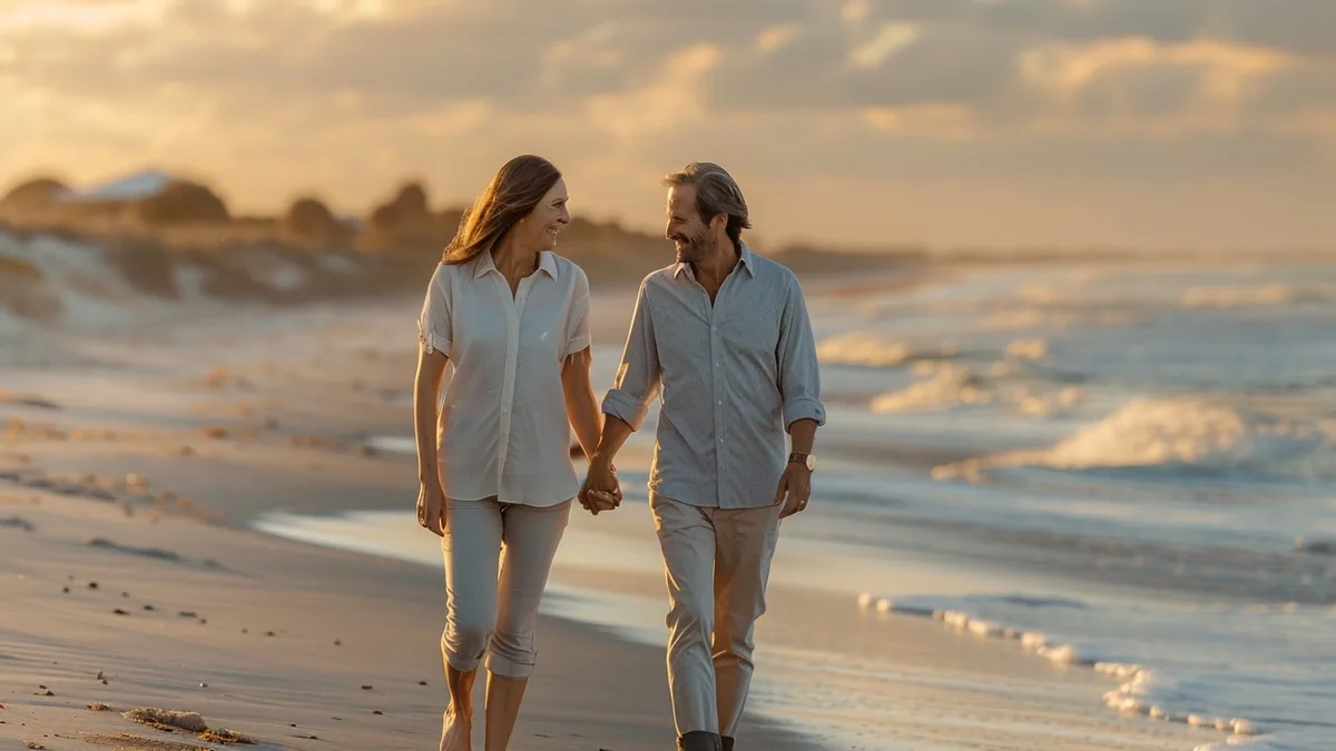 Couple marié depuis longtemps échangeant avec complicité autour d’un café à la maison