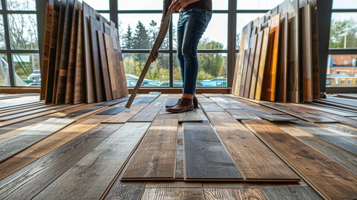 Plancher en chêne posé en chevrons dans un salon lumineux aux murs clairs