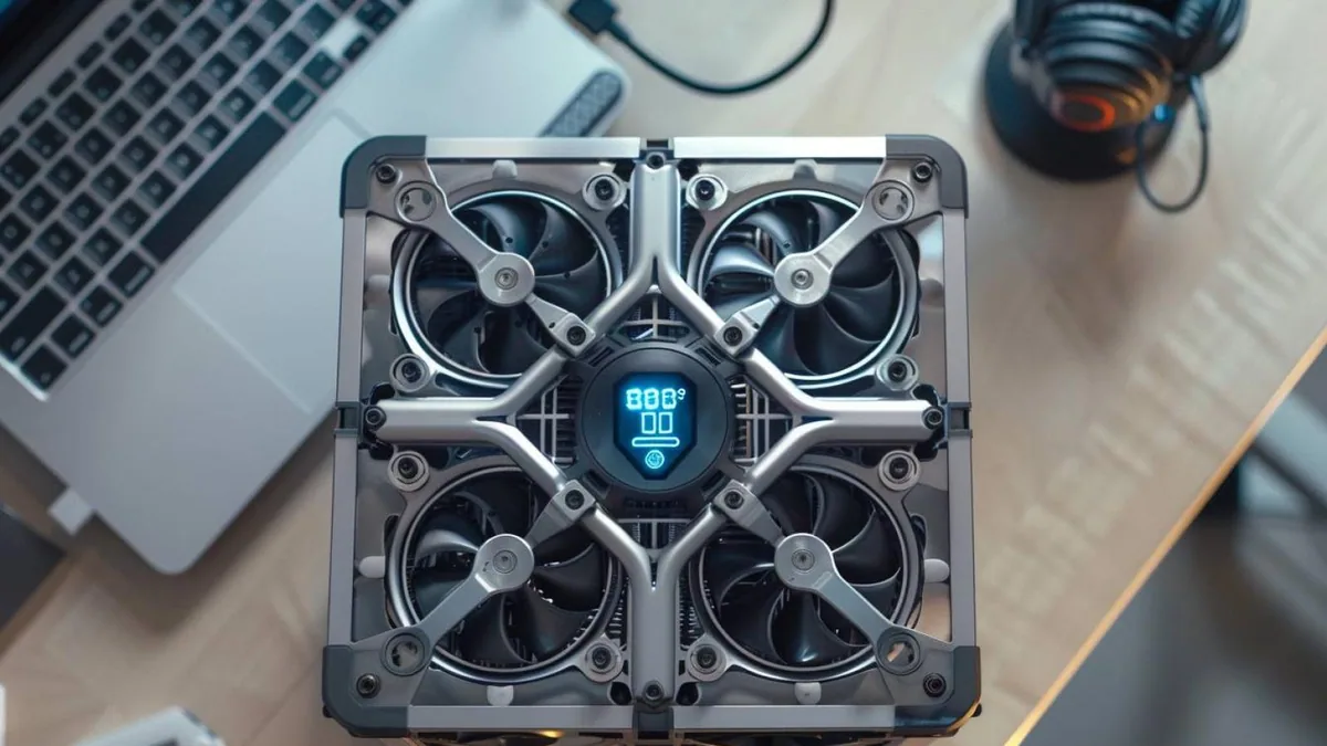 Vue rapprochée des ventilateurs et caloducs de refroidissement à l’intérieur d’un ordinateur portable