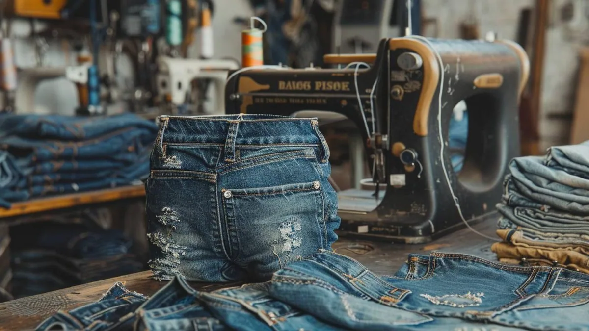 Gros plan d’un jean brut bleu indigo à lisière visible, plié sur une table en bois