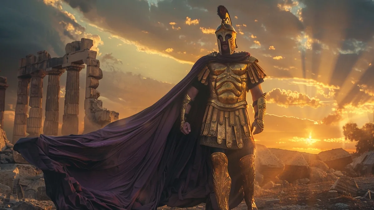 Buste antique d’Agamemnon devant les remparts mythiques de Troie