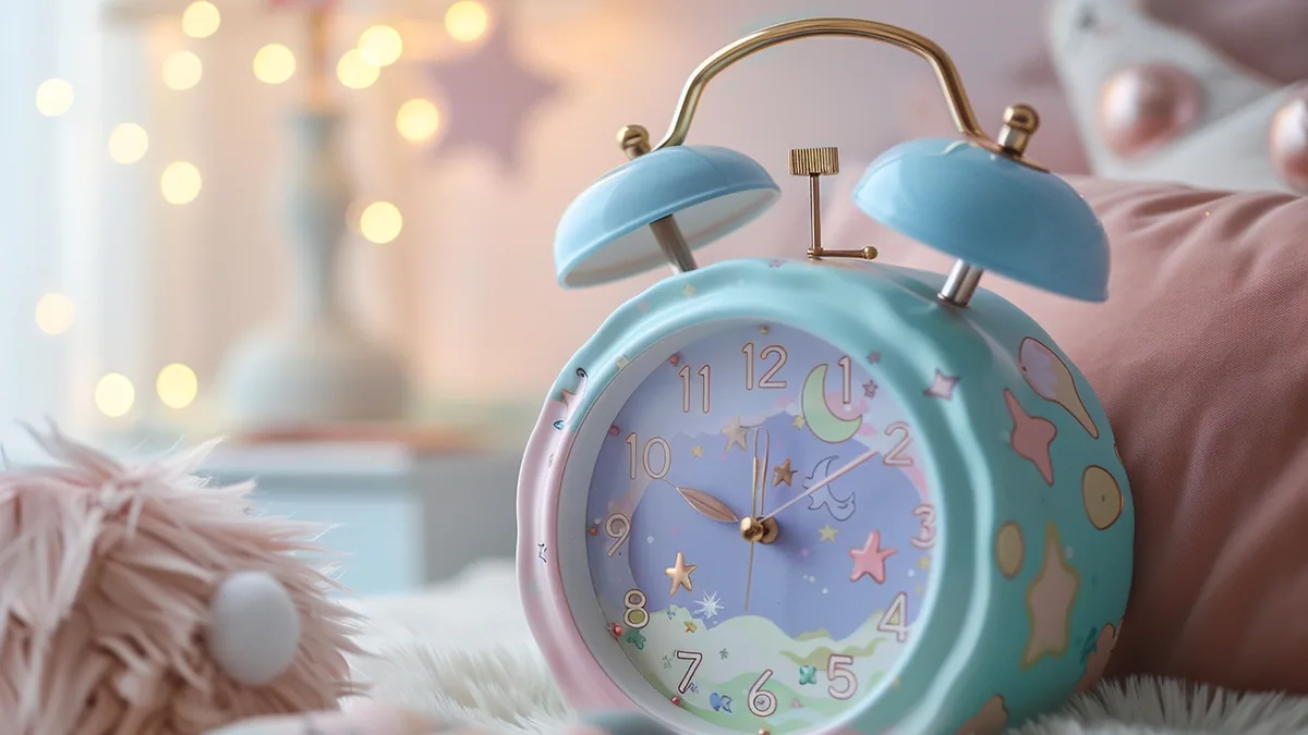Radio réveil coloré avec veilleuse posé sur une table de nuit dans une chambre d’enfant