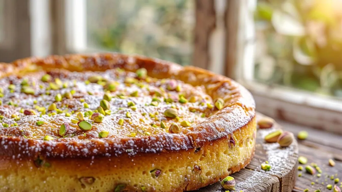 Clafoutis doré aux cerises, pâte de pistache et éclats de pistaches dans un plat rond