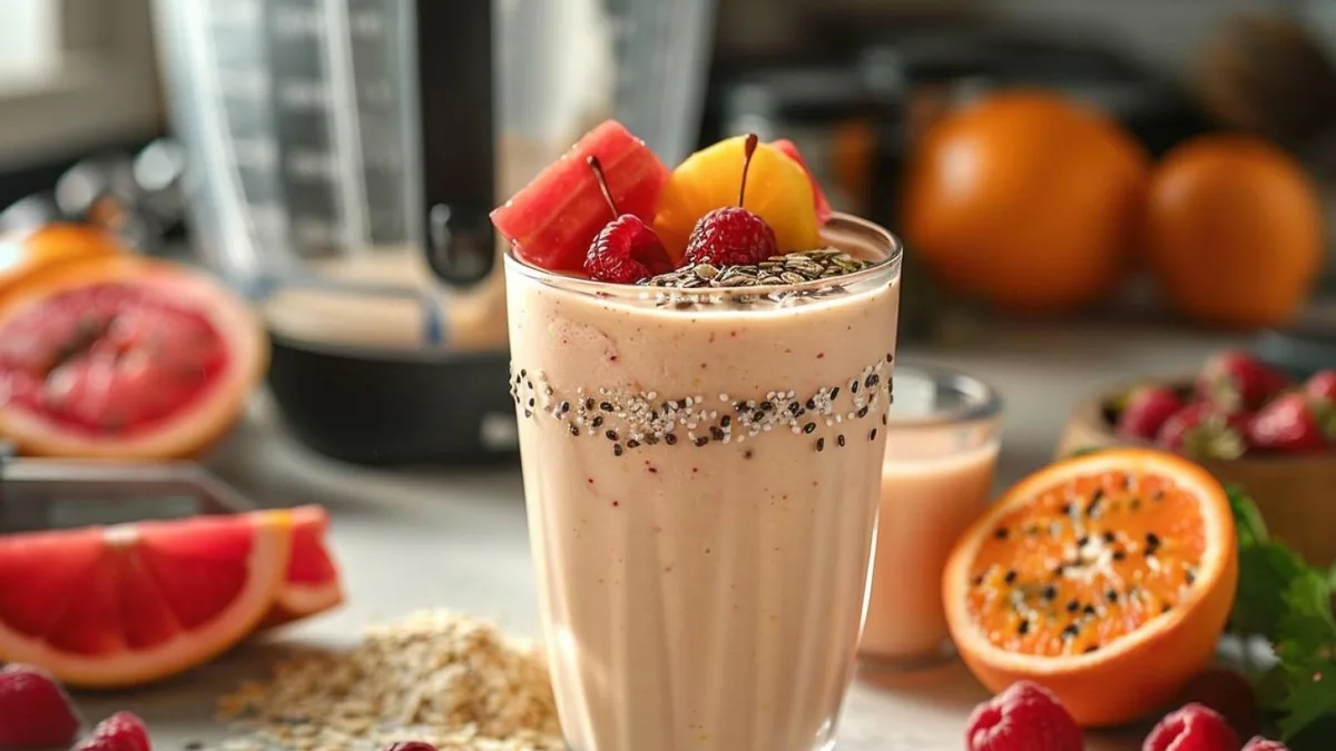 Smoothies protéinés maison à la banane, aux fruits rouges et au cacao sur un plan de cuisine