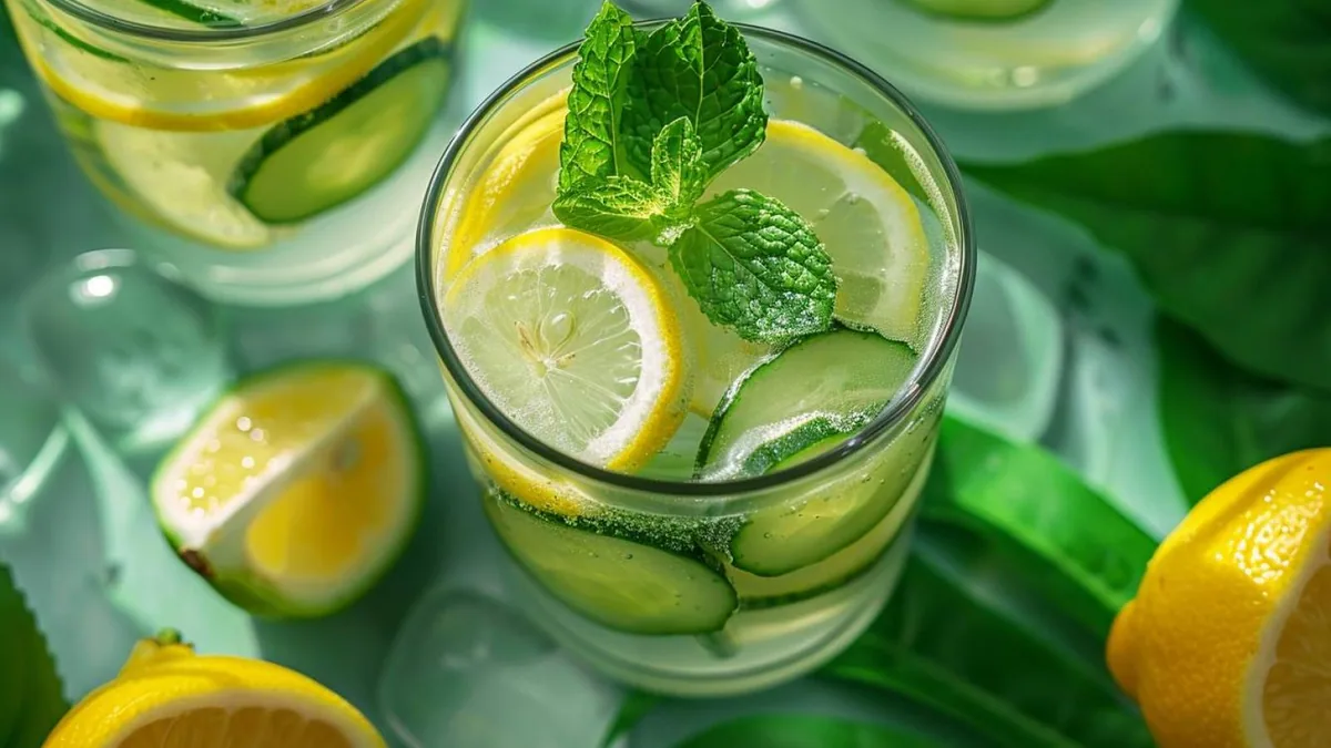 Carafe d’eau infusée au citron, concombre et menthe avec verres remplis de glaçons