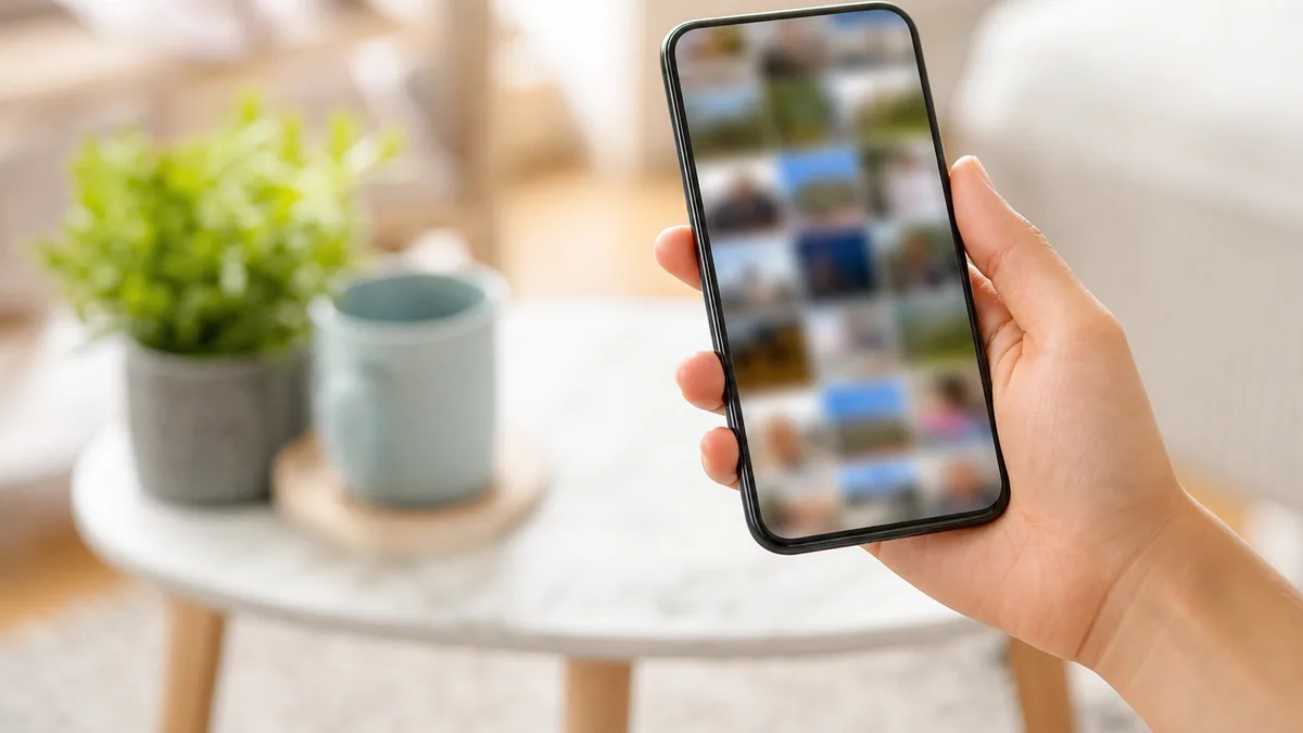 Main tenant un smartphone affichant une galerie de photos, ambiance lumineuse et moderne