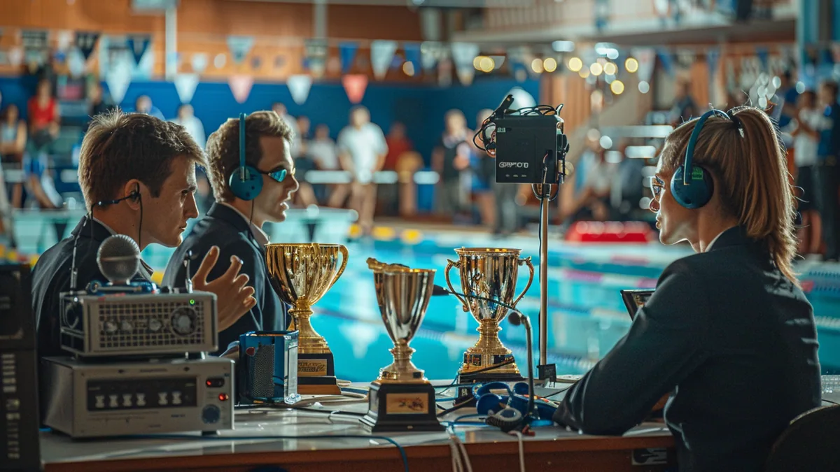 Commentateurs sportifs analysant une finale de natation devant un bassin de compétition