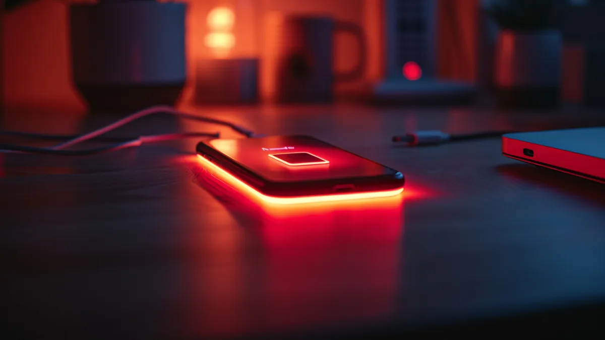 Smartphone branché à un câble USB sur une table, avec batterie vide affichée à l’écran
