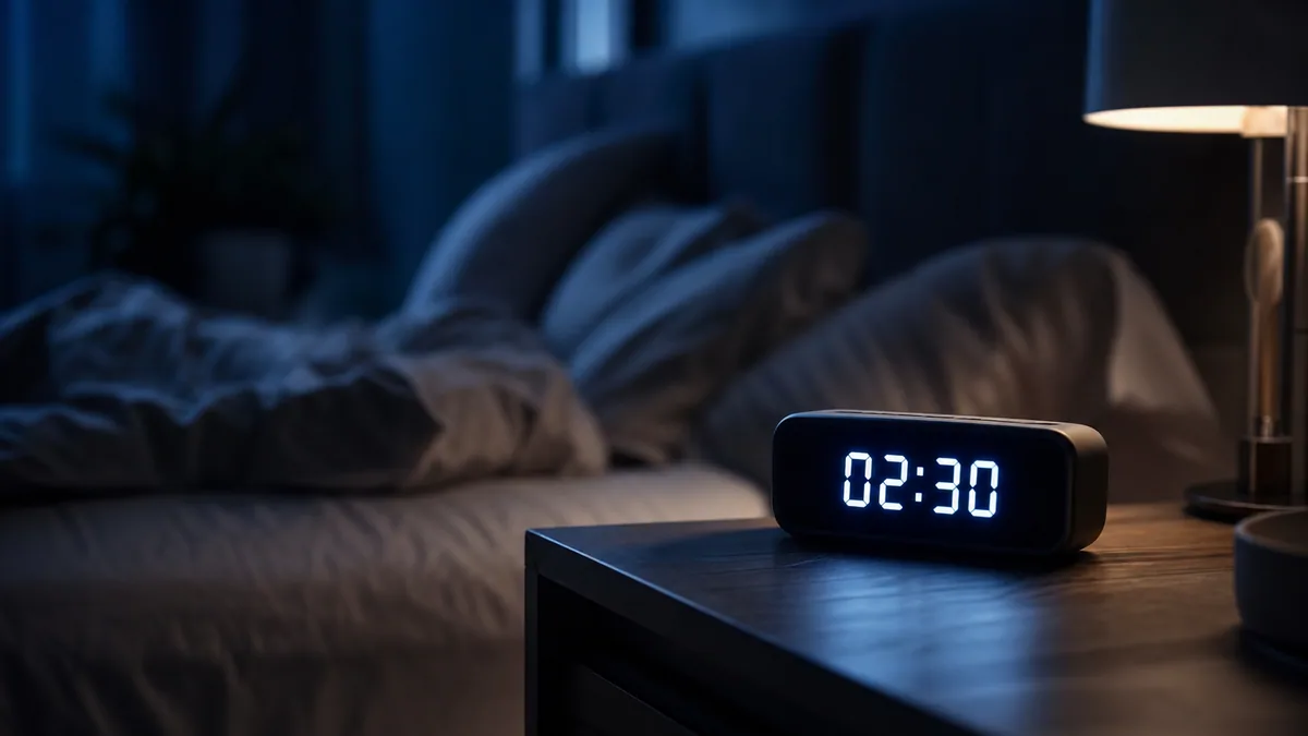 Personne allongée éveillée dans un lit la nuit, regardant un réveil à affichage lumineux dans une chambre sombre