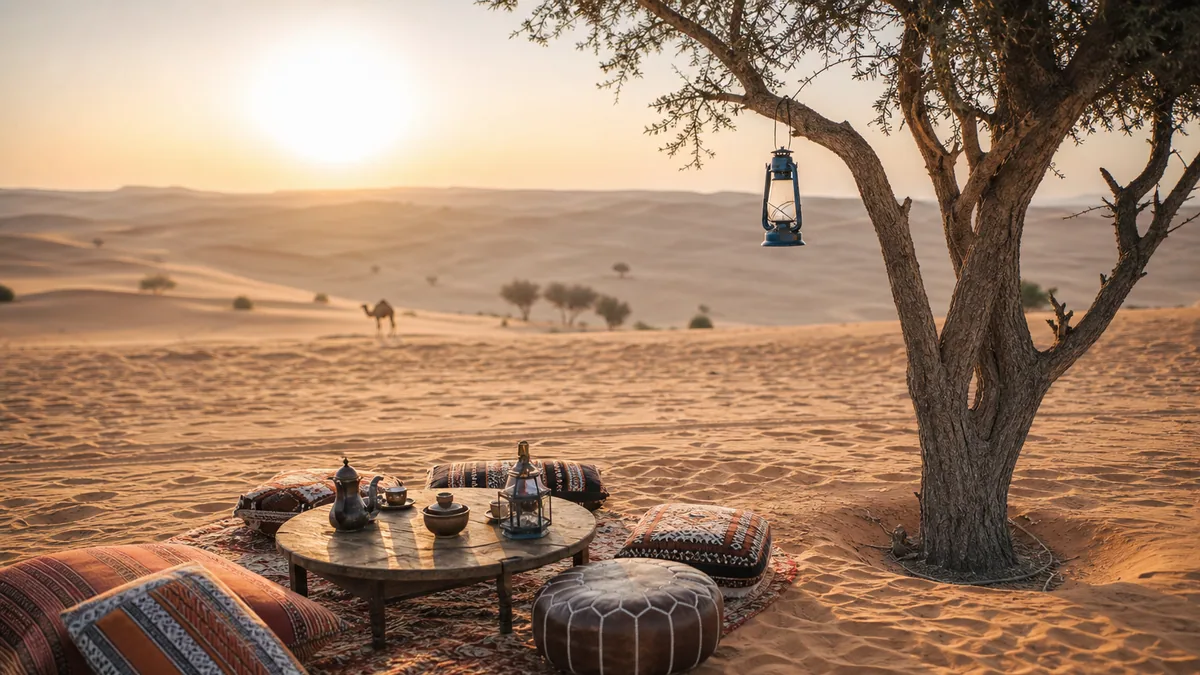 Camp bédouin et véhicule 4x4 au pied de hautes dunes dorées du désert d’Oman