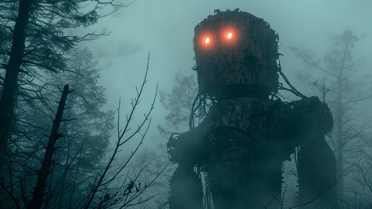 Silhouette fictive géante à deux haut-parleurs dans une forêt brumeuse, ambiance de film d’horreur