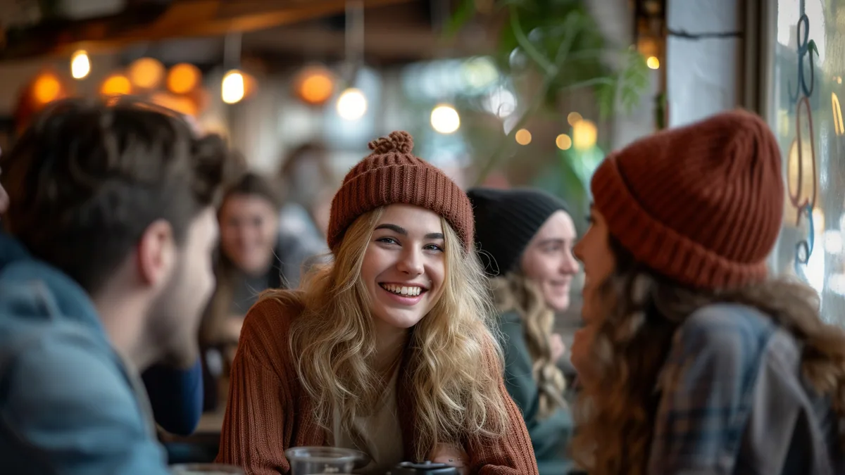 Deux amis souriants discutant autour d’un café dans un lieu convivial