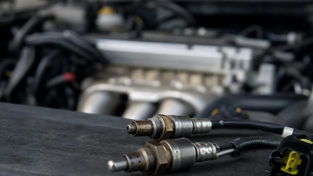Sonde lambda NGK avec connecteur électrique posée près d’un collecteur d’échappement automobile