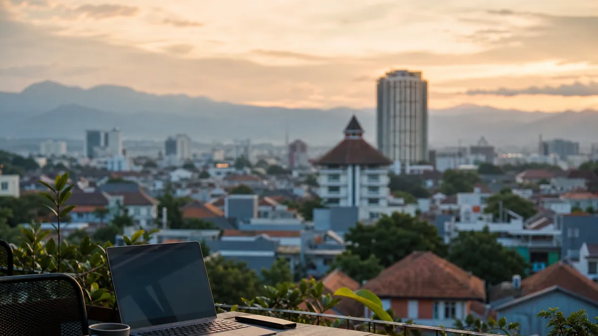 Pemilik usaha Bandung meninjau peta area target dan hasil iklan lokal di laptop