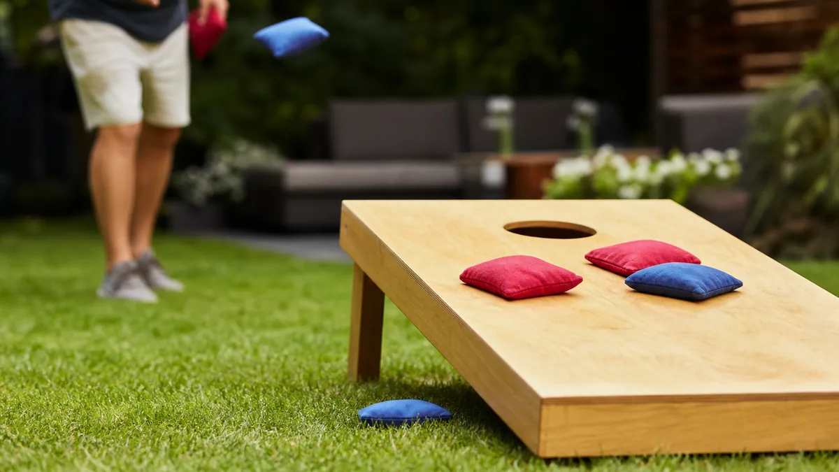 Joueur lançant un sac de cornhole vers une planche en bois trouée dans un jardin