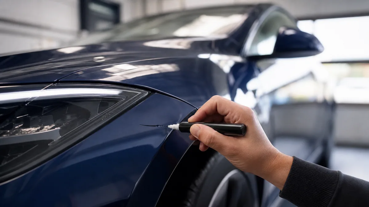 Main appliquant un stylo retouche sur un petit éclat de peinture sur une portière Tesla