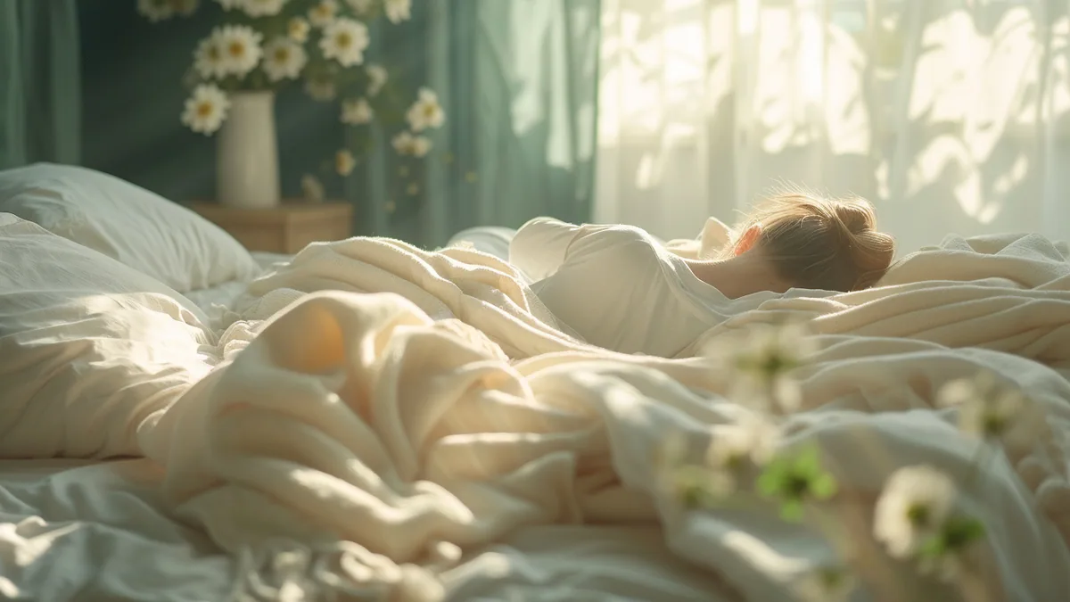 Personne assise au bord de son lit au réveil, respirant calmement devant une fenêtre lumineuse