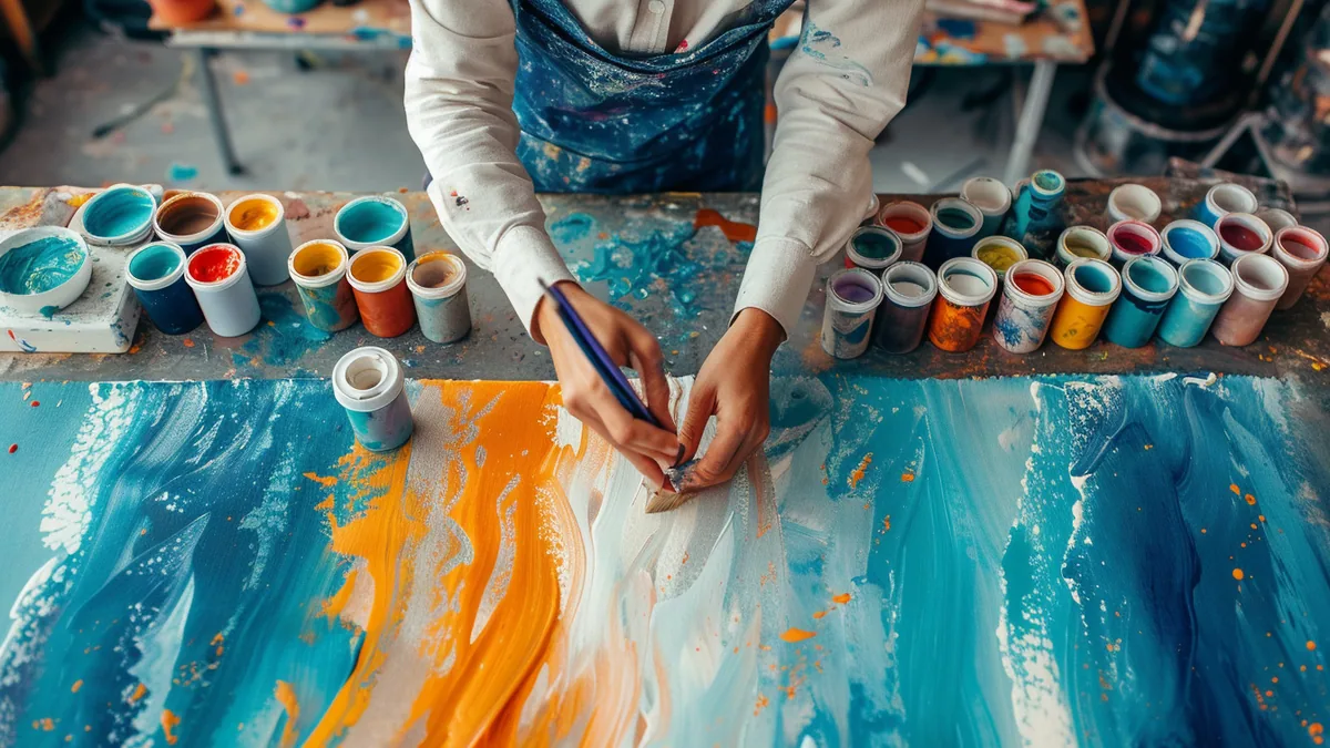 Mains appliquant de la peinture textile colorée au pinceau sur un tote bag en coton tendu