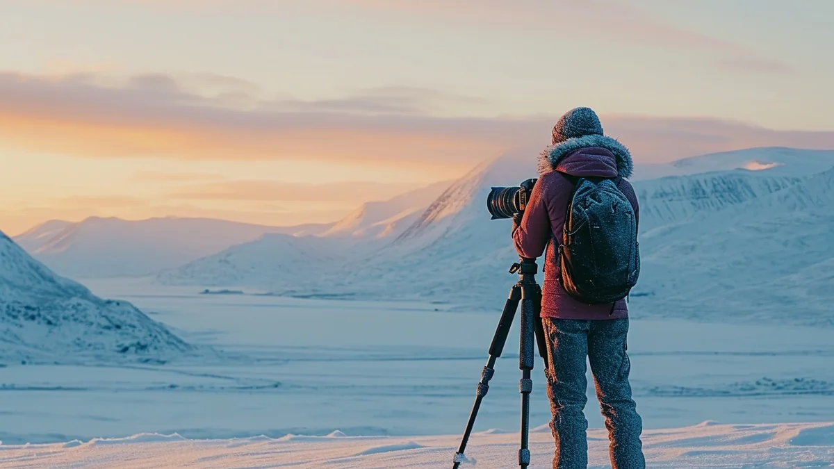 Photographe avec trépied face à un paysage de montagnes enneigées au lever du soleil