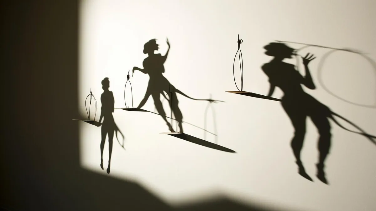 Silhouettes articulées en carton devant un écran blanc éclairé pour un théâtre d’ombres
