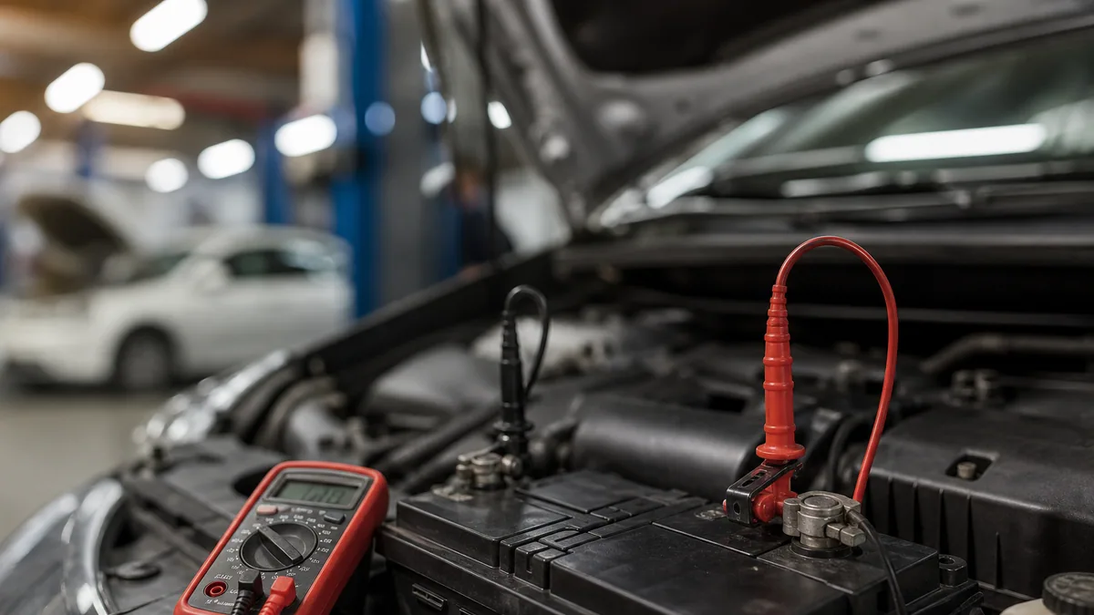Multimètre mesurant la tension d’une batterie 12 V dans le compartiment moteur d’une voiture