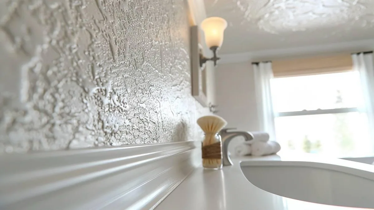 Plafond blanc de salle de bain en cours de pose d’une toile de verre avec rouleau et spatule