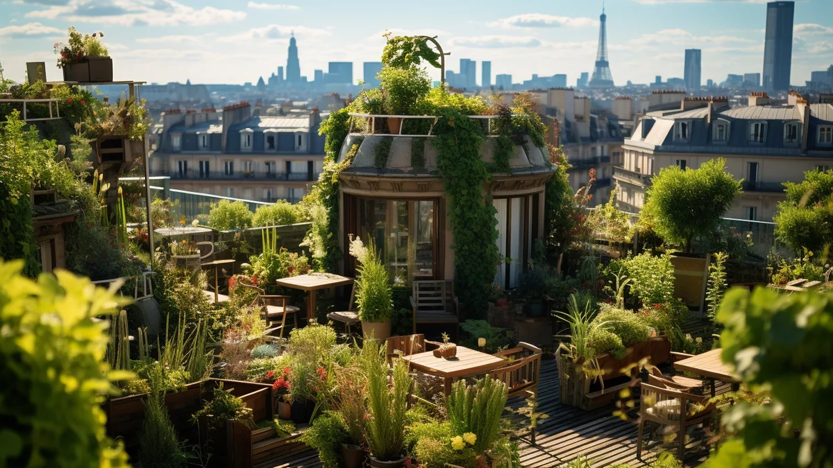 Toits parisiens végétalisés avec plantations basses et immeubles de la capitale en arrière-plan