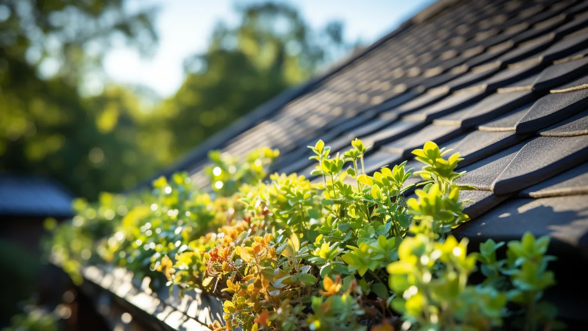 Toiture inclinée recouverte de sedums et de végétaux bas, avec gouttière en bord de pente