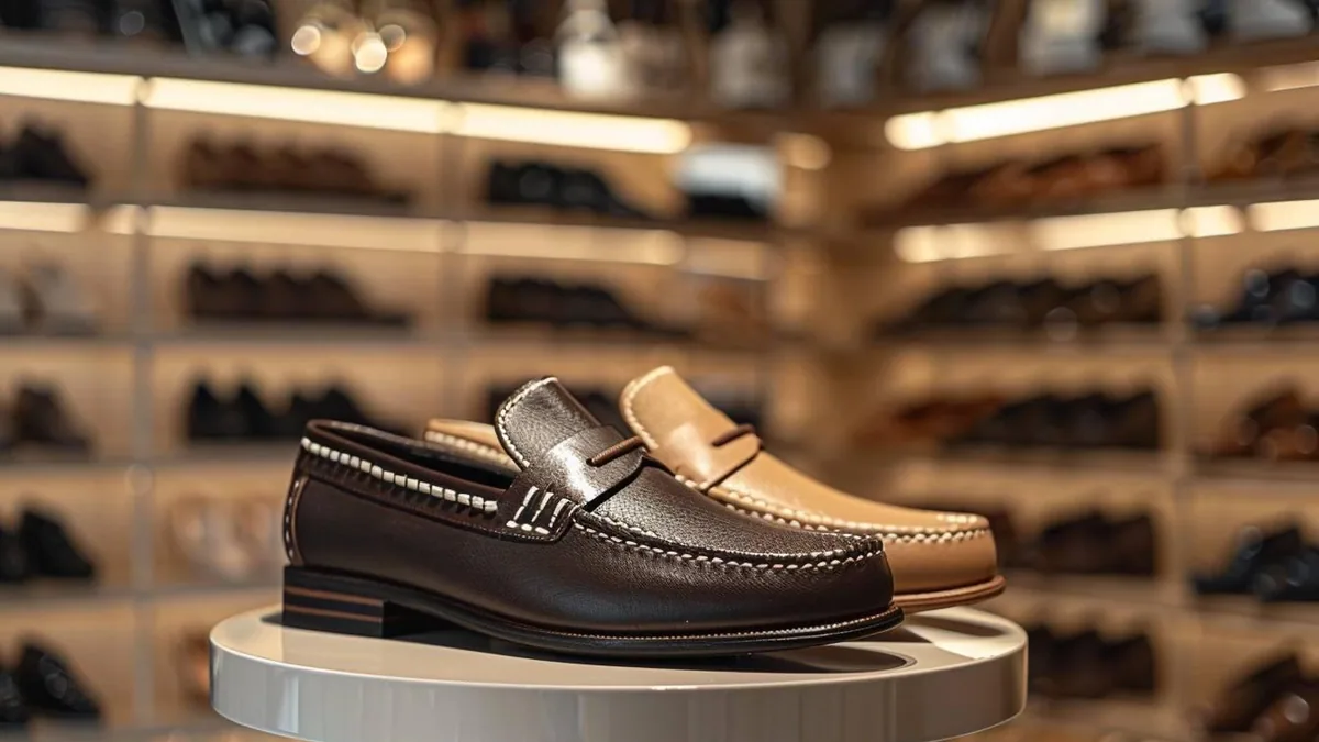 Paire de mocassins italiens en cuir brun posée sur un parquet, avec une tenue élégante à côté