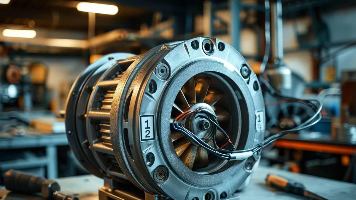 Moteur électrique triphasé avec bornier ouvert et variateur de fréquence dans un atelier