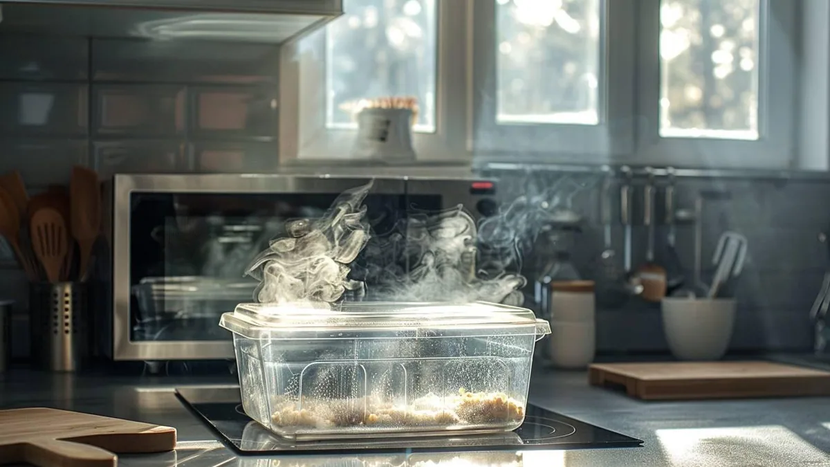 Boîte alimentaire en plastique compatible micro-ondes avec couvercle entrouvert sur un plan de cuisine