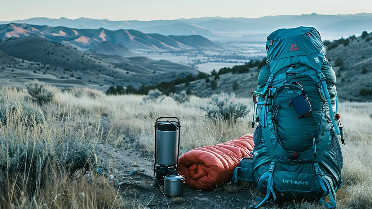 Ultralight backpack, trekking poles and compact camping gear beside a mountain trail