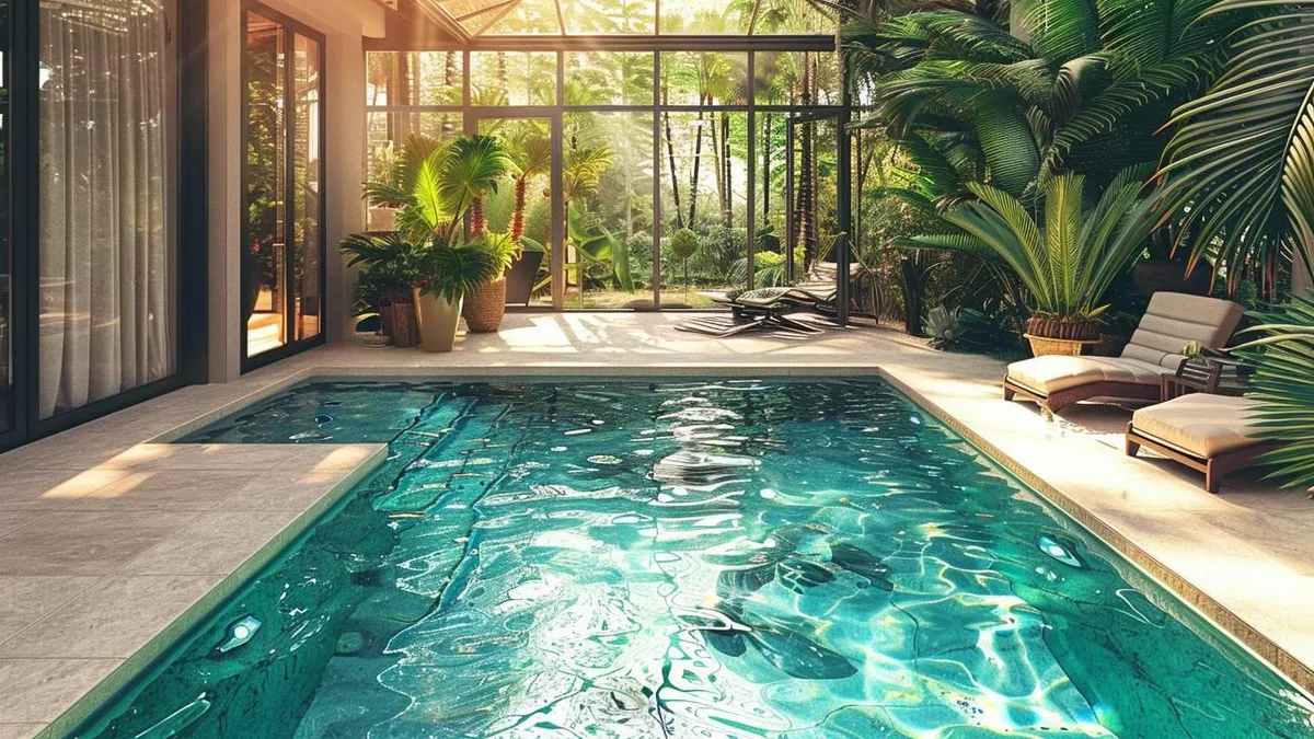 Abri de piscine haut transparent couvrant un bassin dans le jardin d’une maison de location