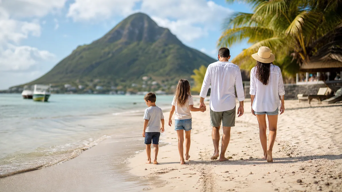 Famille avec deux enfants sur une plage de lagon turquoise à l’île Maurice