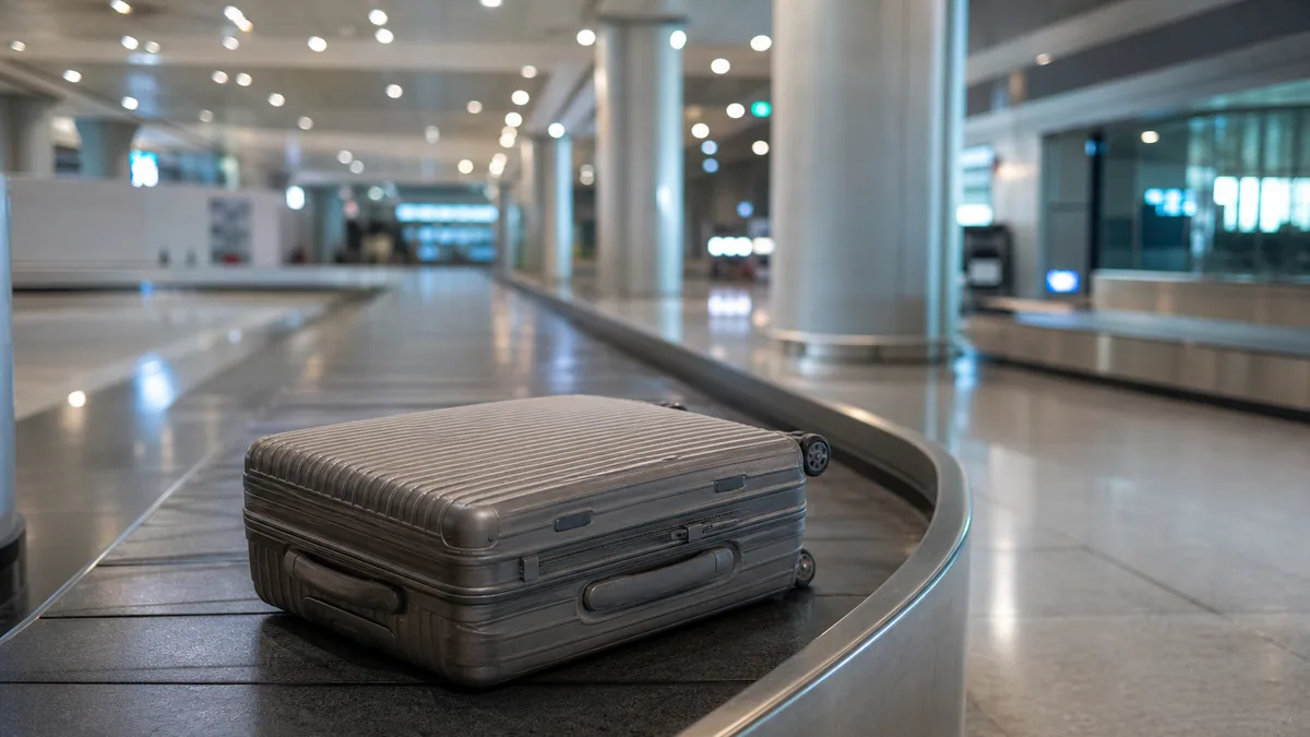 Tapis de livraison de bagages vide dans un aéroport, valise unique abandonnée sur le tapis roulant