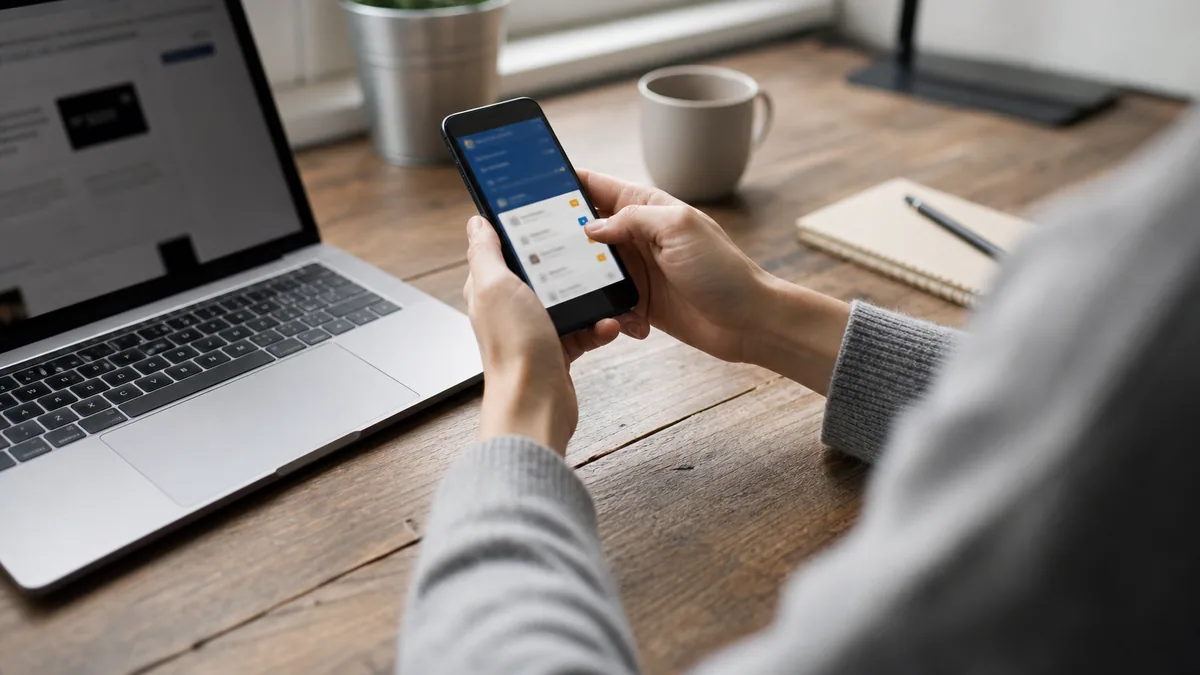 Personne consultant une application bancaire sur smartphone pour vérifier un virement