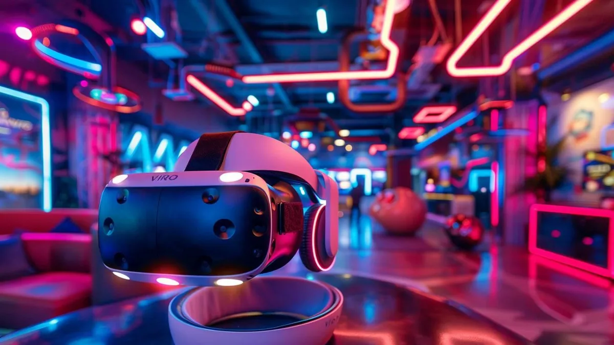 Personne portant un casque de réalité virtuelle et utilisant deux manettes dans un salon bien éclairé