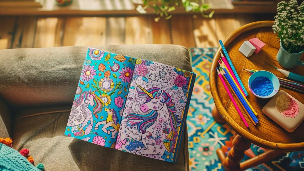 Coloriage de licorne avec crinière arc-en-ciel, étoiles et crayons de couleur sur une table