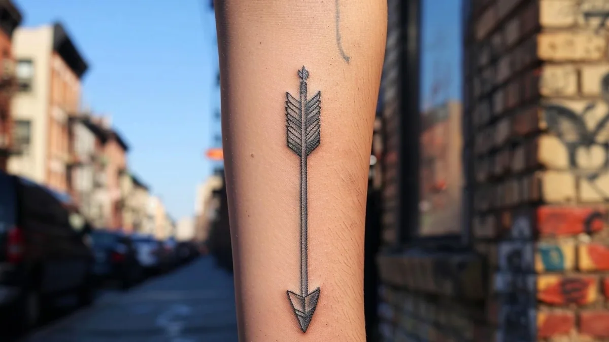 Tatouage minimaliste de flèche noire sur un avant-bras, symbole de direction et de nouveau départ
