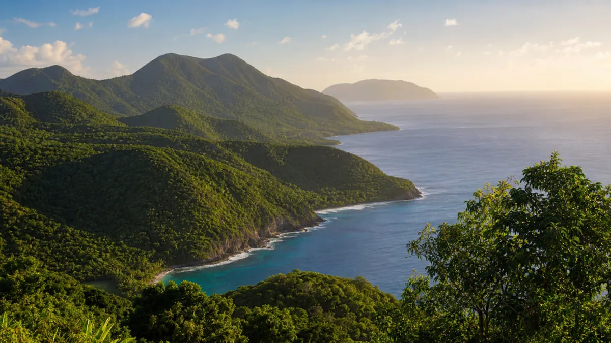Randonneur sur un sentier tropical face aux reliefs sauvages et à la mer en Guadeloupe