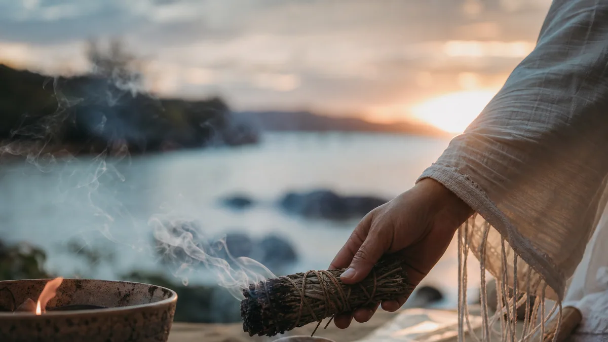 Personne assise en méditation face à un lac au lever du soleil, dans un cadre de retraite apaisant