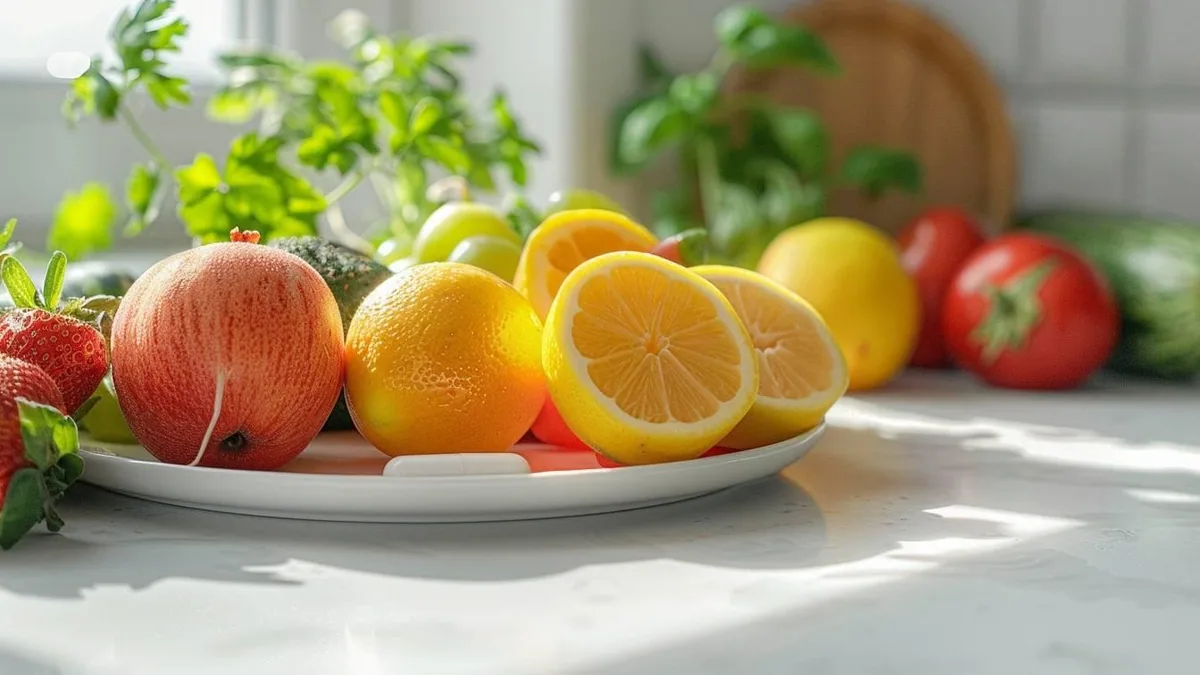 Gélules et assiette équilibrée posées près d’un mètre ruban sur une table claire